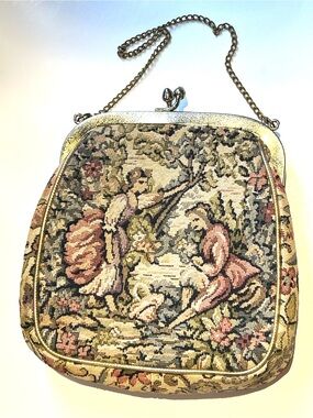 Vintage Multicolor Tapestry Evening Wristlet with Gold Trim